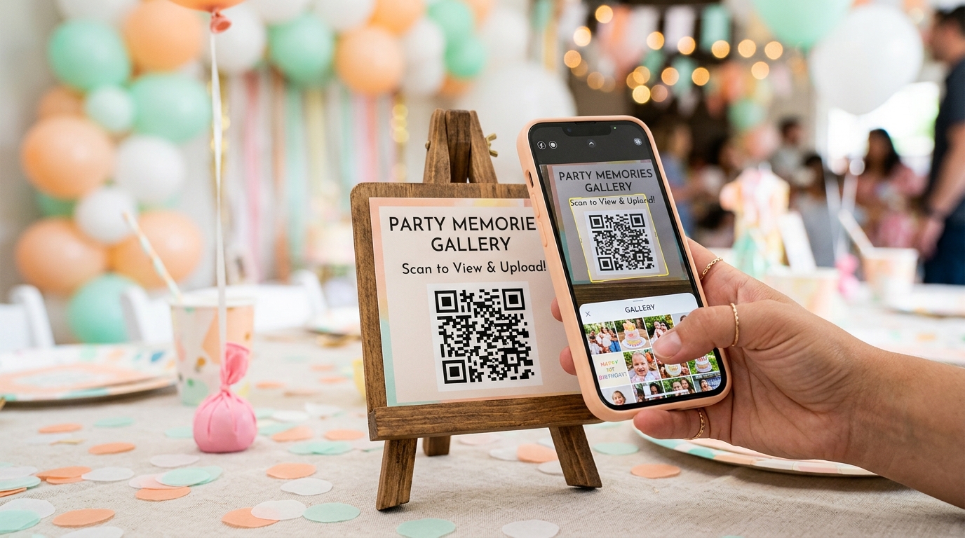 A phone scanning a Scan to View card, the gallery appearing on screen