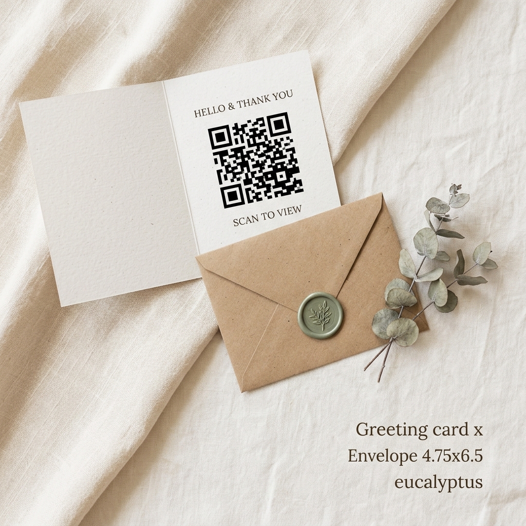 A greeting card with a scannable QR code beside a wax-sealed envelope